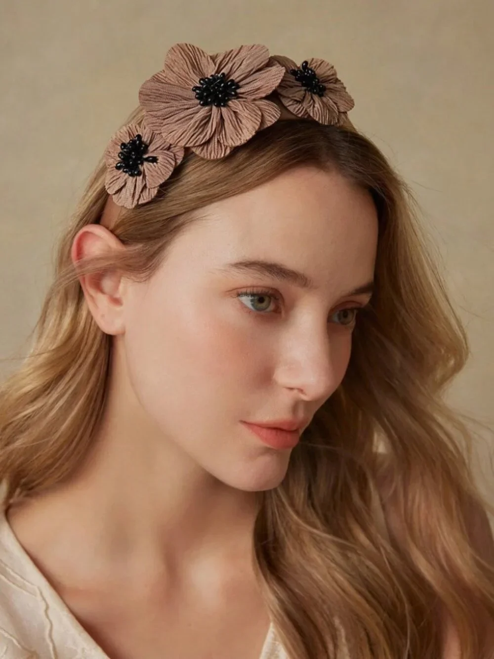 Brown Floral Headband with Black Beaded Centers